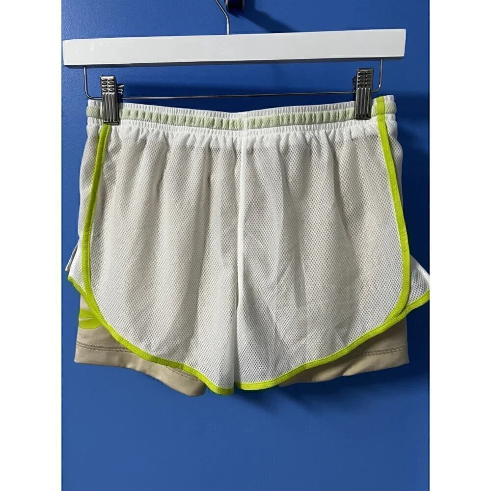 Nike Dri-Fit Tempo Girls 2-In-1 Training Shorts White/Beige Neon Green Accents L - Picture 2 of 9